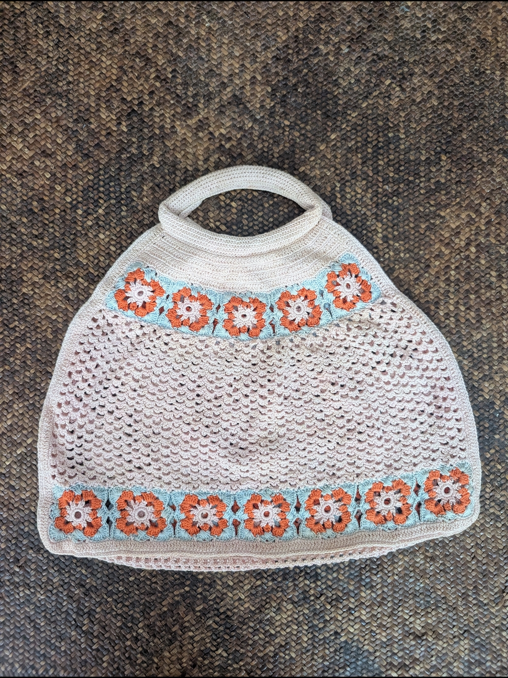Crochet Floral  Tote Bag with Orange & Aqua Accents